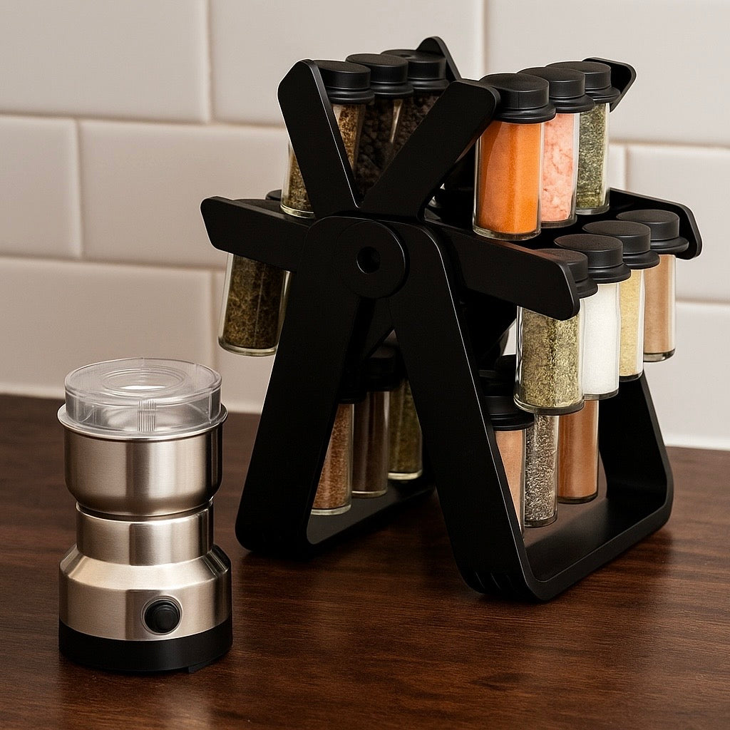 Souqliy Shop - Modern Rotating Spice Tower Set with Electric Stainless Steel Grinder