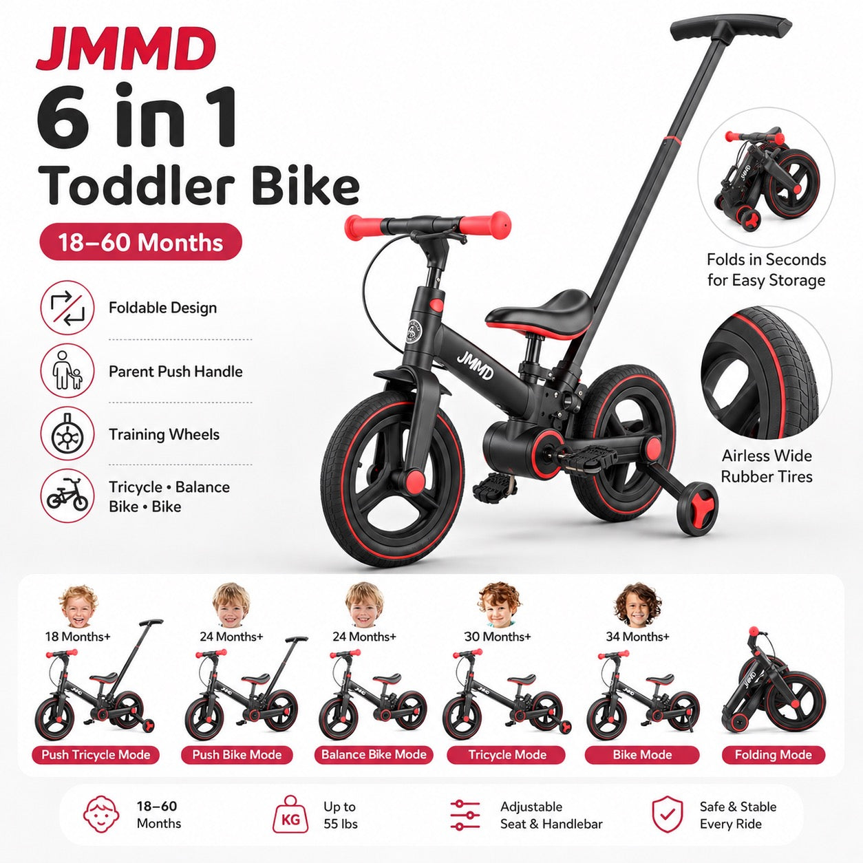 Souqliy Shop 6-in-1 Foldable Toddler Bike with Parent Push Handle