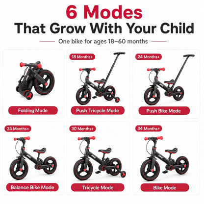 Souqliy Shop 6-in-1 Foldable Toddler Bike with Parent Push Handle