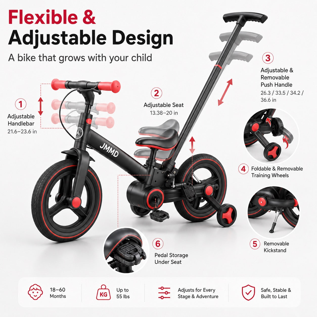 Souqliy Shop 6-in-1 Foldable Toddler Bike with Parent Push Handle