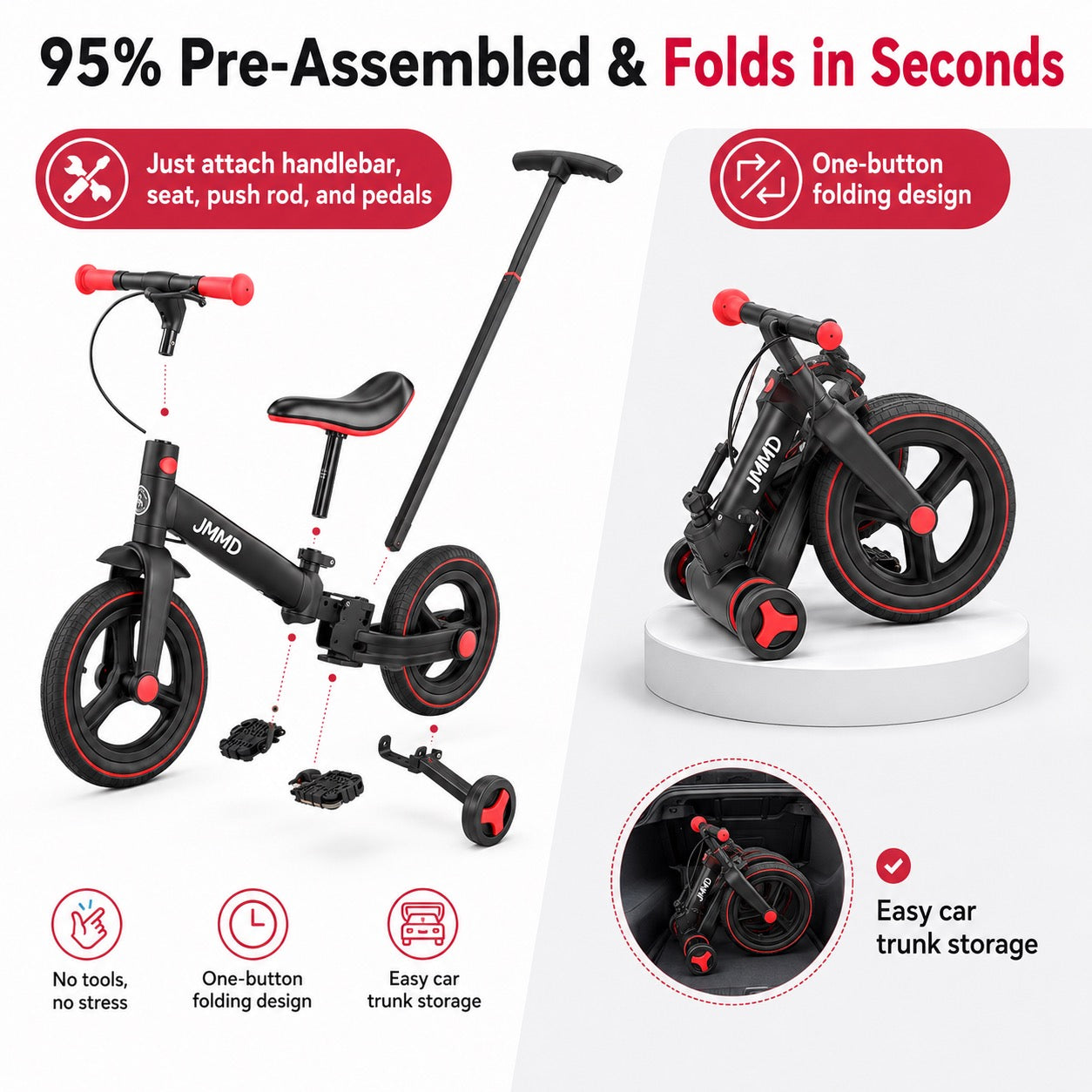 Souqliy Shop 6-in-1 Foldable Toddler Bike with Parent Push Handle