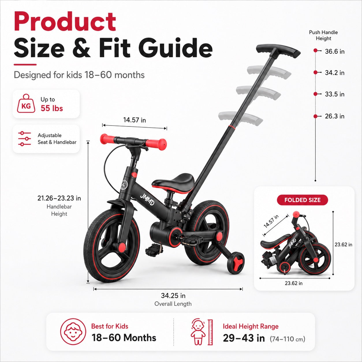 Souqliy Shop 6-in-1 Foldable Toddler Bike with Parent Push Handle