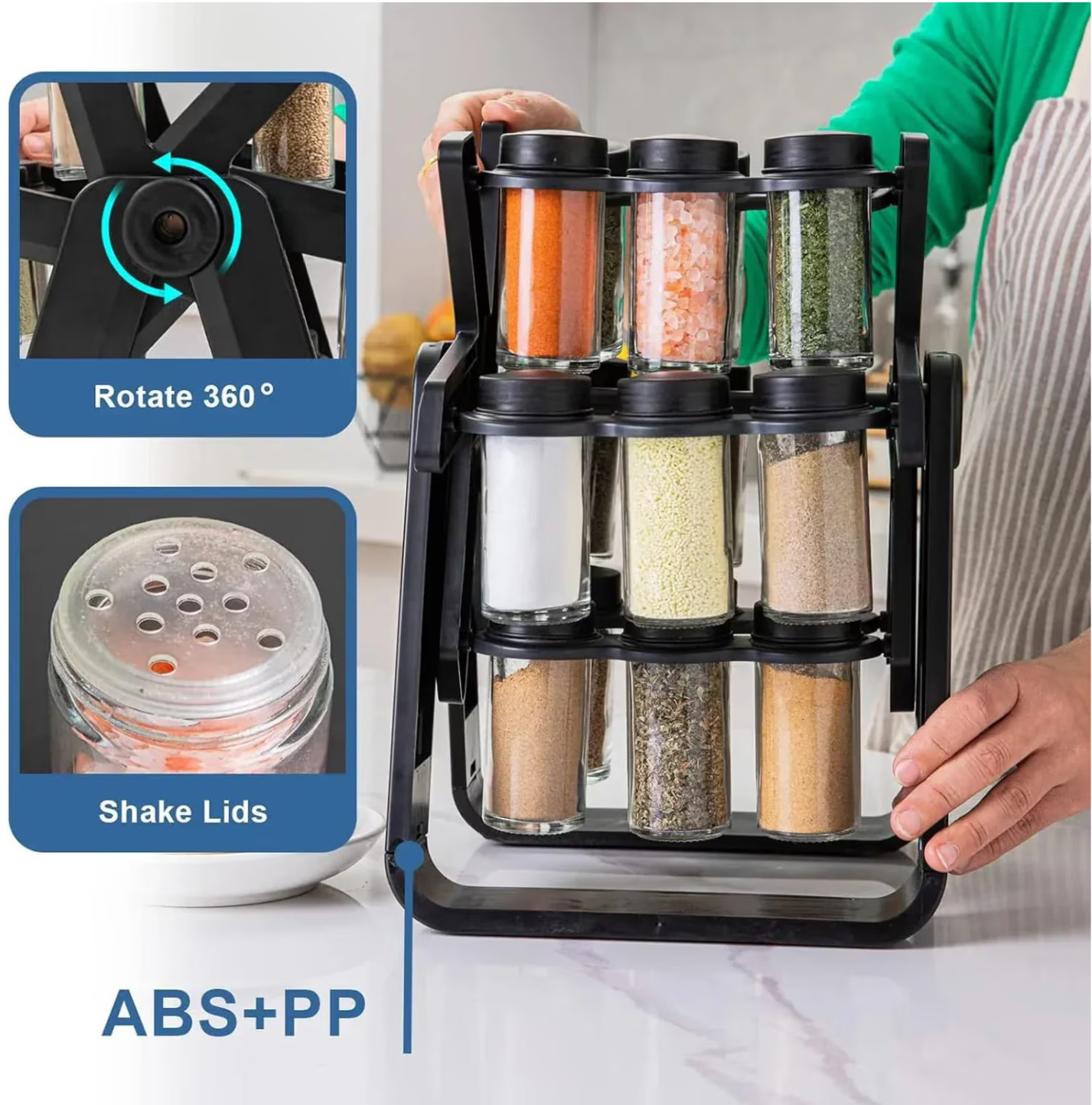 Spice Wheel Carousel – 360° Rotating Organizer with 18 Premium Glass Jars